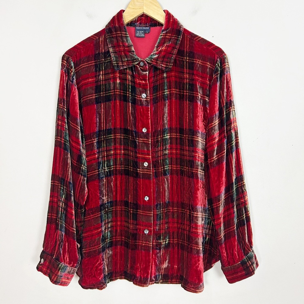 Boston Proper Red Plaid Velvet Button Down Shirt Top Size Large Women's